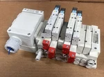 Smc 7-VALVE Manifold Bank + (4) SY5200-5U1 & (2) SY50M-50-1A SY50M-60-1A. Fixed Price $110.00.